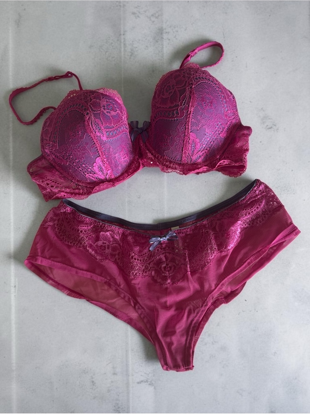 Le Mystère Lace Lingerie set Fuschia Floral Bra + Matching Panty Feminine Luxury